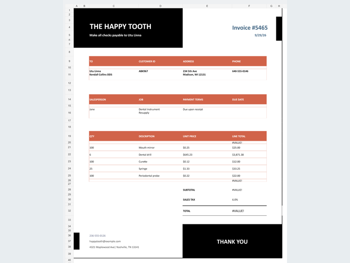 Dental Service Invoice Template