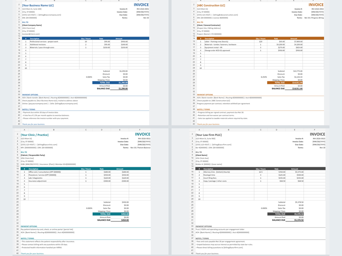 US Industry Invoice Templates - 15 Industry Bundle