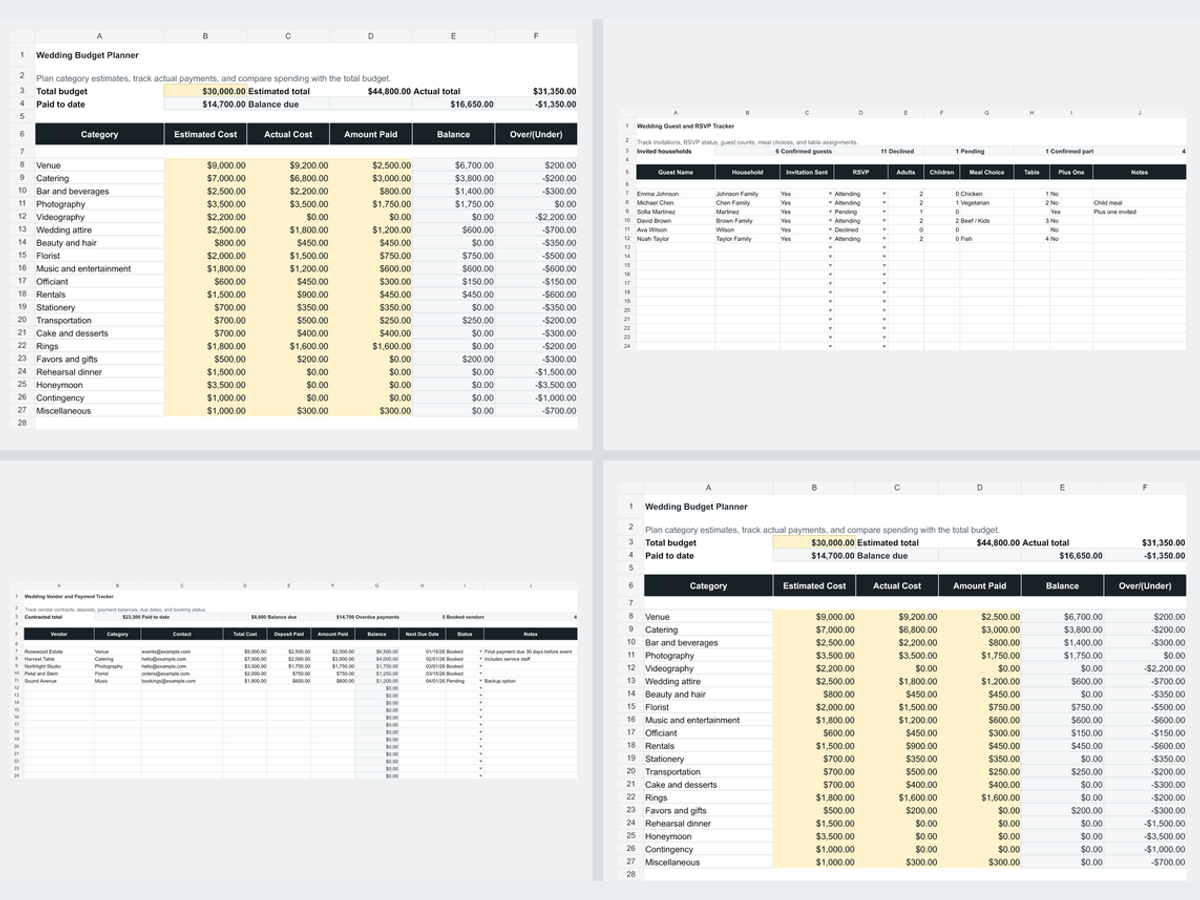 Wedding Planning Spreadsheet Pack