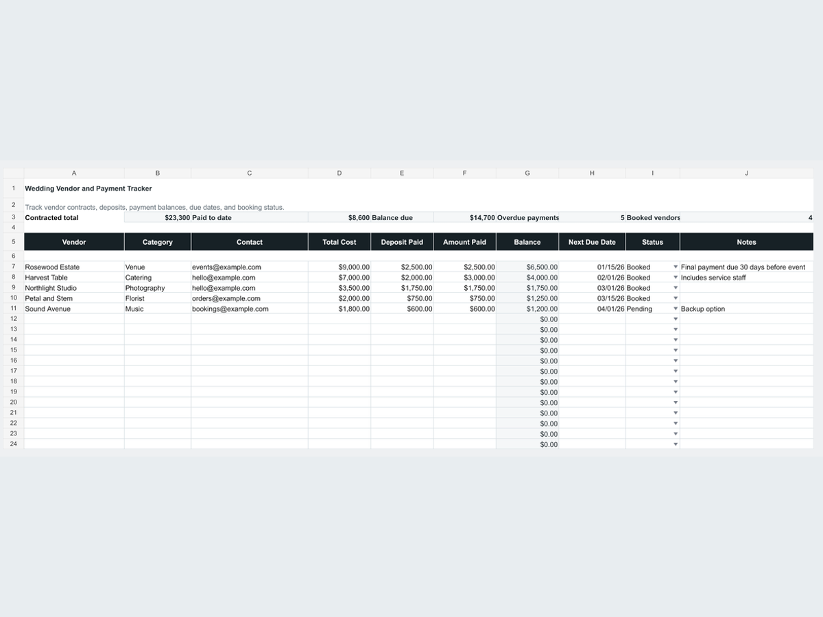 Wedding Vendor & Payment Tracker